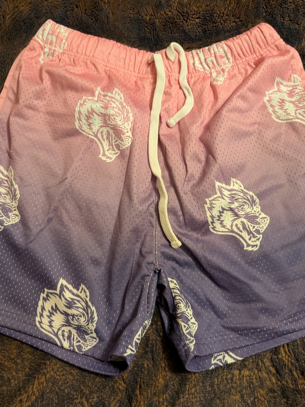Darc Sport Men's Pink-to-Purple Gradient Mesh Shorts with White Wolf Print